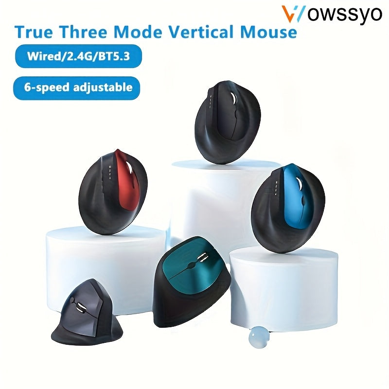 WOWSSYO Right-Handed Ergonomic Gaming Mouse - Wired + Wireless + BT Tri-Mode, 6-Speed Adjustable Optical, USB-C Rechargeable, Ergonomic Design for Laptop & Desktop Computers, Black/Red/Blue/Teal, Ergonomic Mouse, Computer Acc