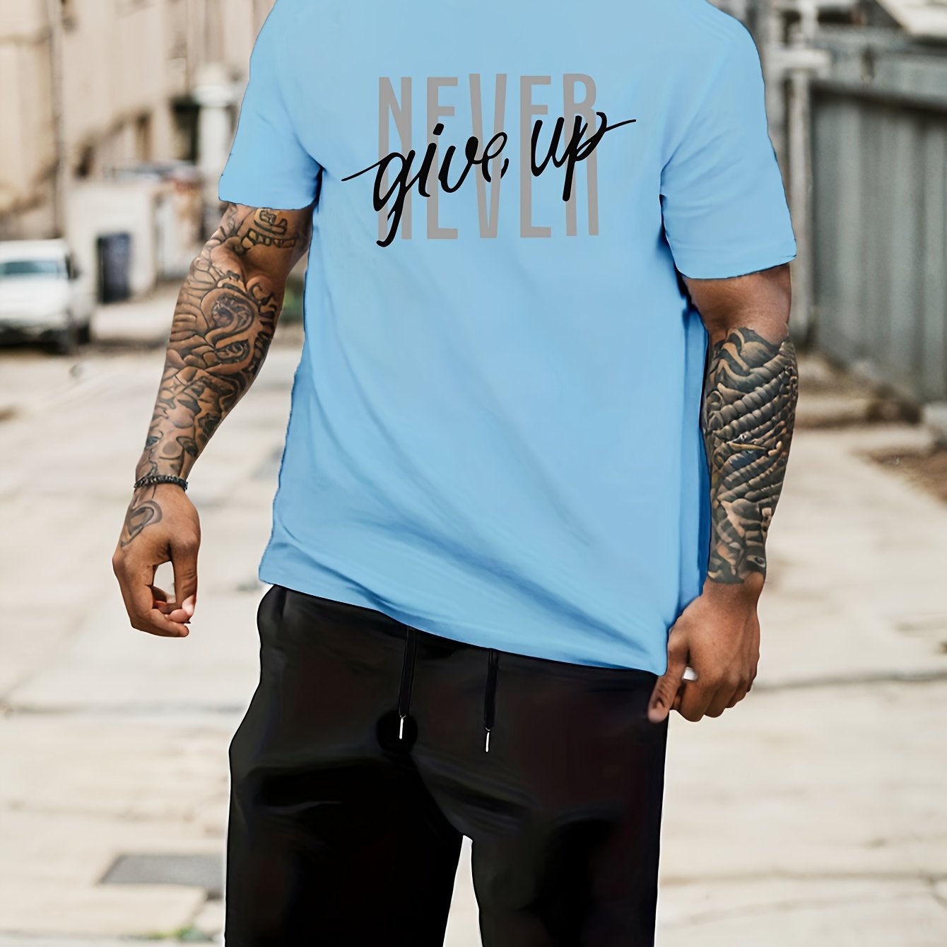 Men's Fashion NEVER GIVE UP Letter Print Loungewear Set, Short Sleeve Crew Neck Graphic T-shirt & Drawstring Shorts With Pockets, Casual Pajama Set, Men's 2piece Outfits