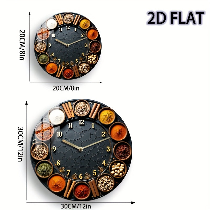 1pc 8-Inch Silent Round Wall Clock with Spice & Herb Design - Acrylic Quartz Movement, Golden Accents, Battery-Powered (AA Not Included) - Kitchen, Bedroom, Living Room, Kitchen Clock, Home Decoration, Decorative Timepiece, H