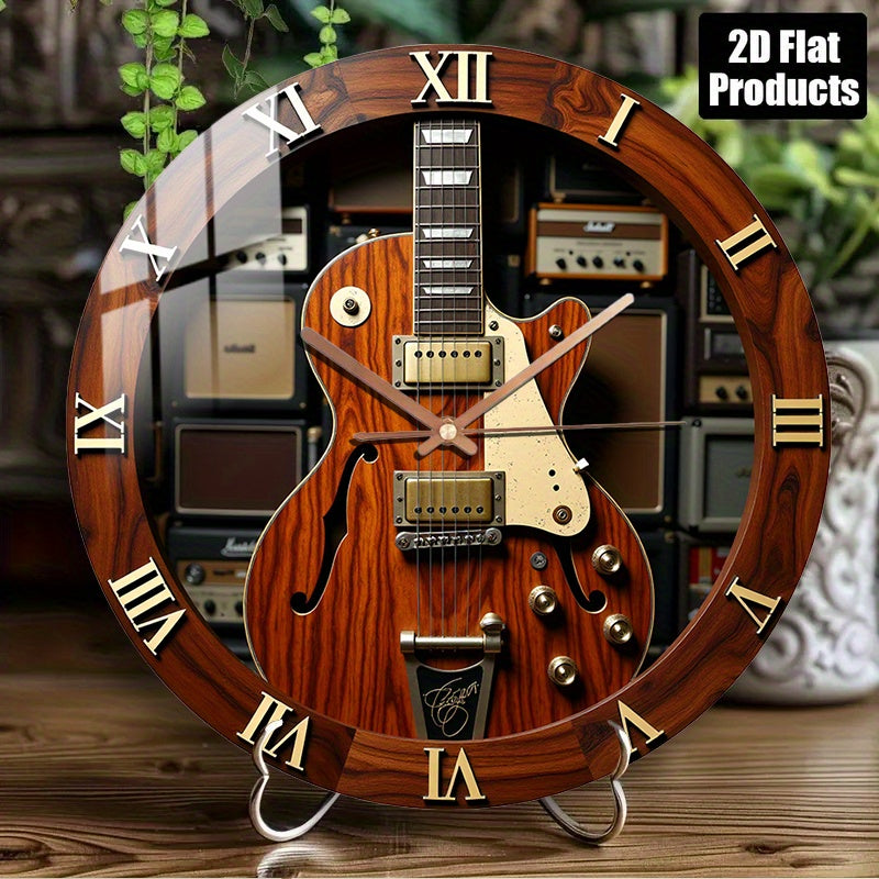 12-Inch Silent Quartz Wall Clock with Electric Guitar Design – Brown Wood Texture, Metal Components, Battery Operated (AA Not Included) – Perfect for Bedroom, Kitchen, Study, or Garage Decor, Clock Wall Decor
