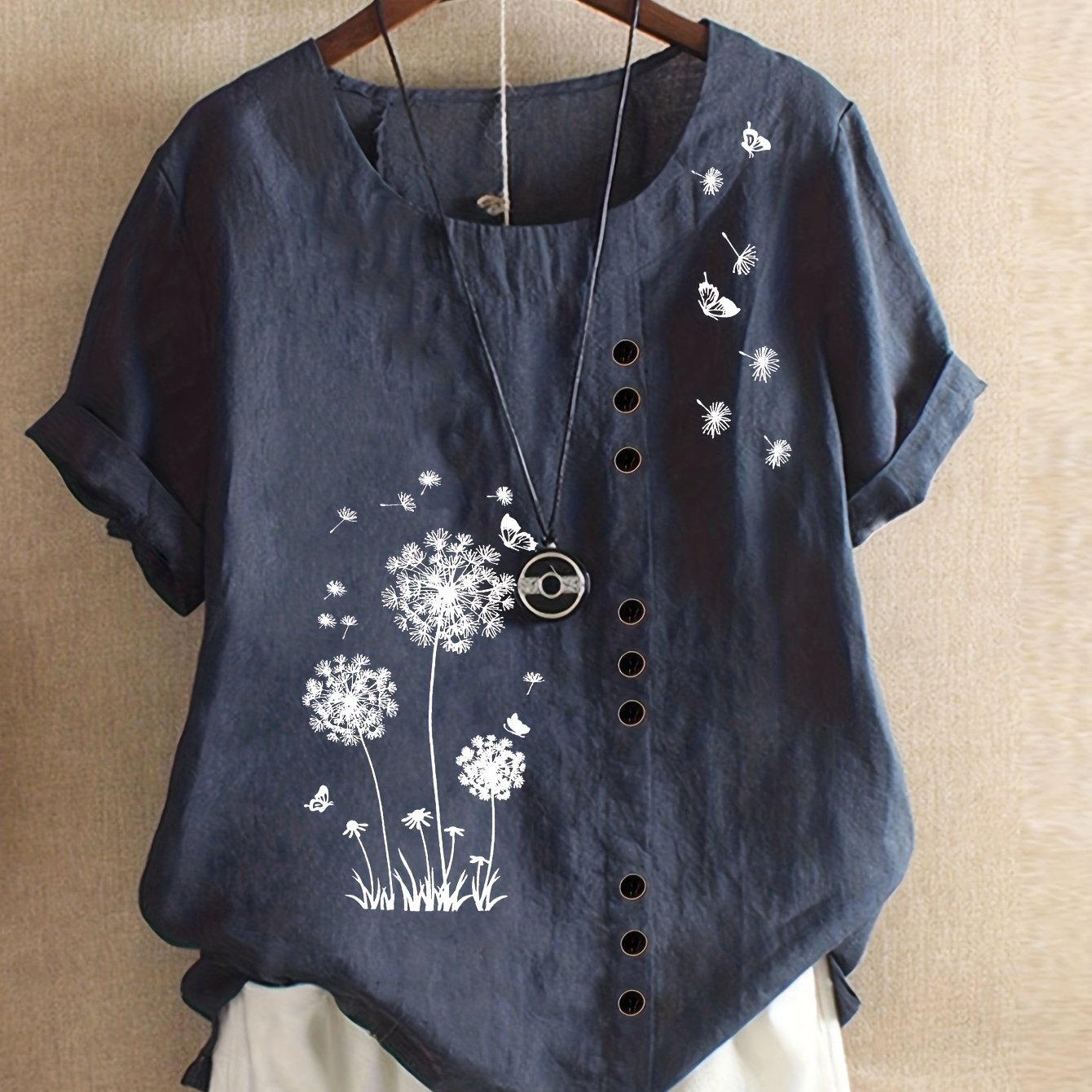 Dandelion Print Button Decor T-Shirt, Casual Crew Neck Short Sleeve T-Shirt For Spring & Summer, Women's Clothing