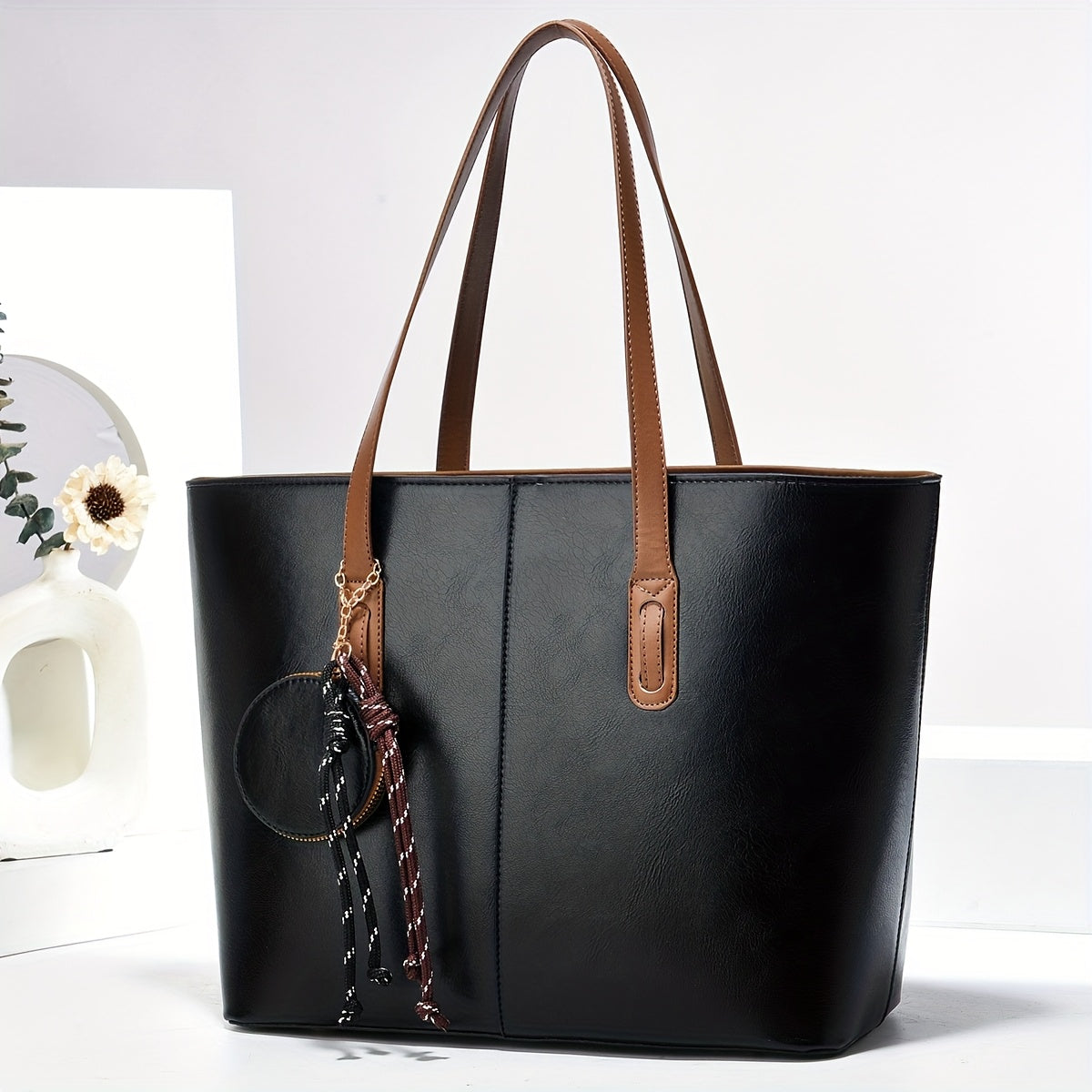 Large Capacity Vintage-Style Synthetic Tote with Fixed Shoulder Strap, Zipper Closure & Polyester - Coffee Brown, Multiple Pockets, Adjustable Shoulder Strap, Hand Washable - Ideal for Everyday Use, Small Purse