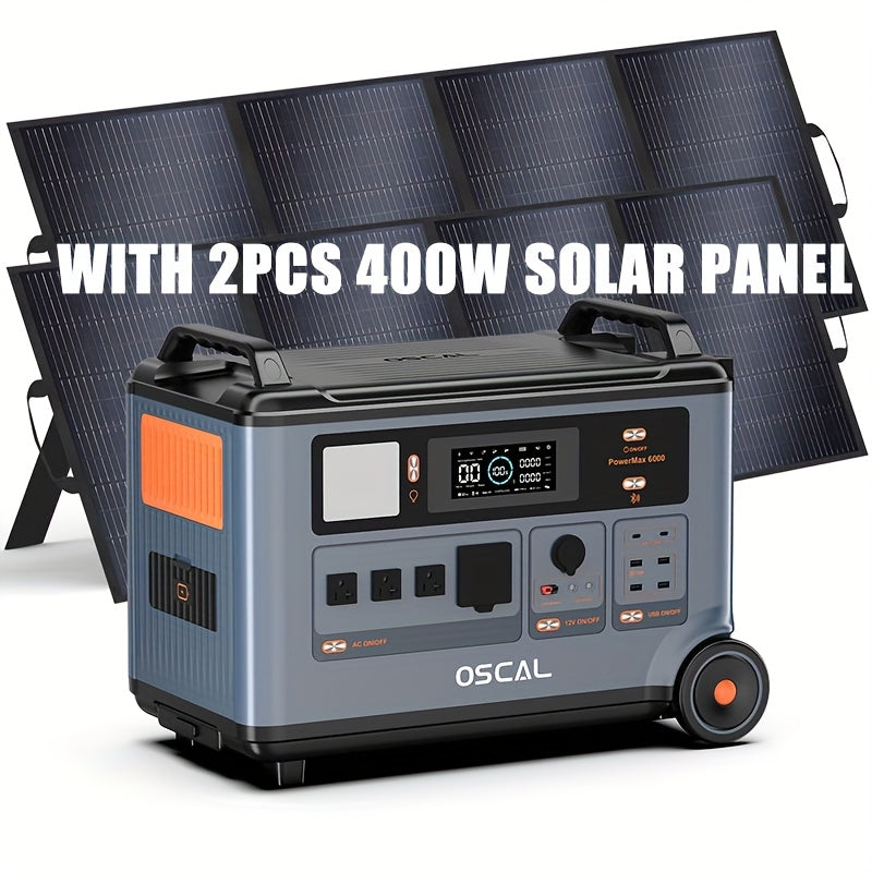 OSCAL PowerMax 6000 Solar Generator with 2×400W Solar Panel, 120V/240V Power Station 6000W AC Outlets (7200W Peak), 2200W AC Charging/2400W Solar Charging, Emergency for Home, Emergency for Home, Battery Backup, Outdoor Camp