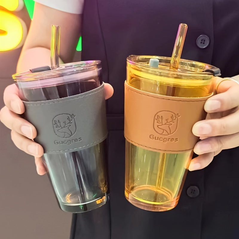 Chic Bamboo-Inspired Glass Coffee Mug with Straw - Large Capacity, Minimalist Design for Coffee & Milk Tea