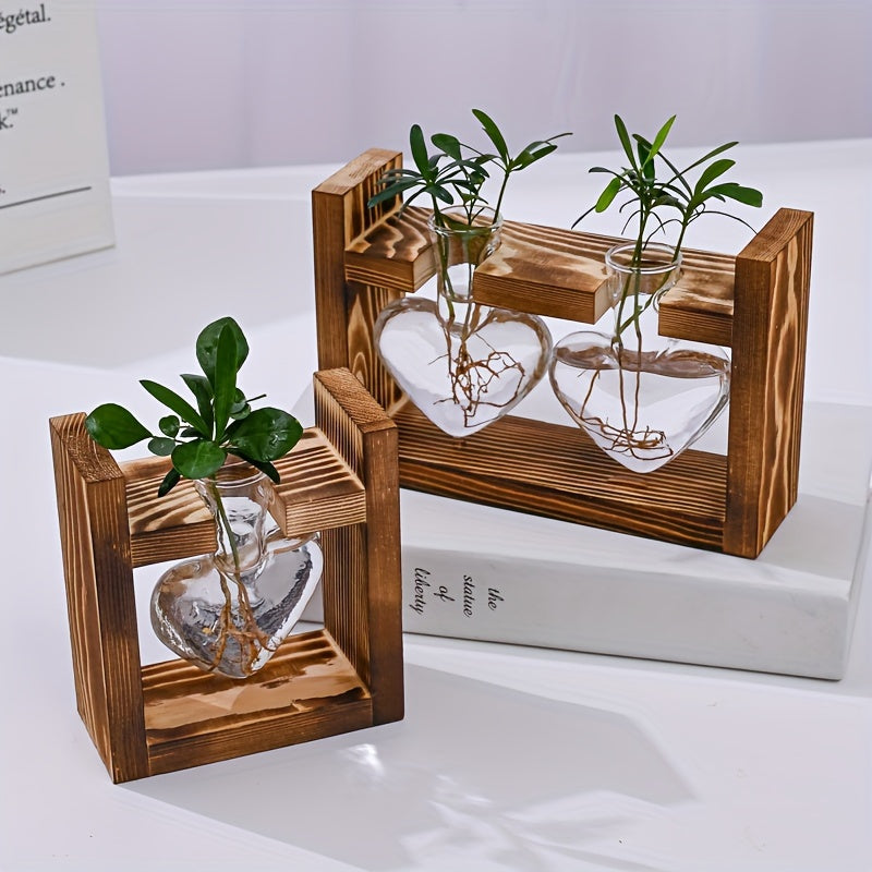 1 Pack, Hydroponic Plant Terrarium Love Heart Vase With Wooden Stand, Indoor Hydroponic Plant Propagation Station For Home Office Garden Decoration, Gift For Flower Pot Lovers