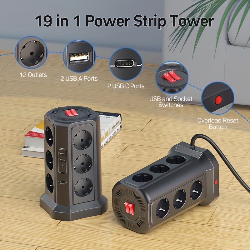 EU Multifunctional Power Tower Plug with 2 USB A Ports And 2 USB C Ports, HAFINO Triple 12-position Multi-socket Power Strip with PD 20W Fast Charging (4000W 16A) for Home And Office Scenarios