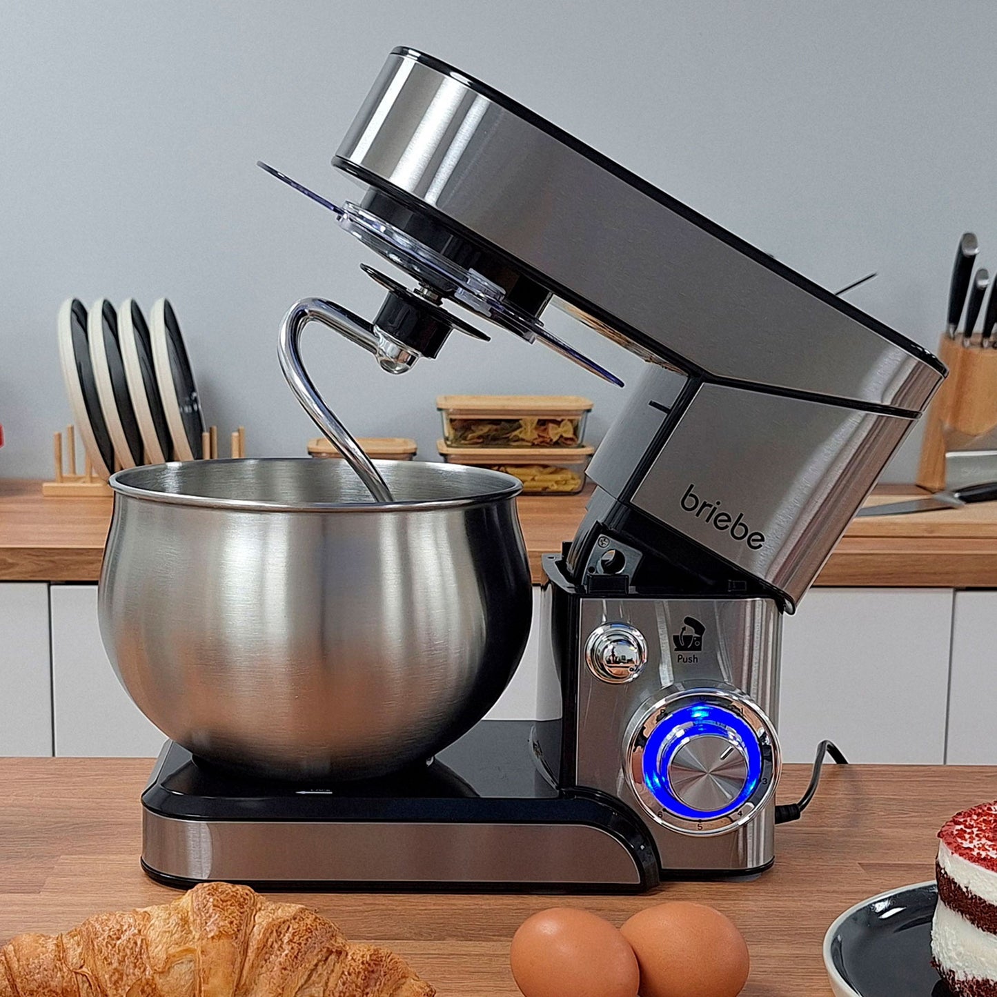 Mixer Kneader Pastry 1800W MAX, Professional Kitchen Robot + Scale, Orbital Movement, Rods, Dough Hook, 5 L Bowl, 6 Speeds + Pulse Function, Stainless Steel KM1114B, Briebe, Stainless Steel