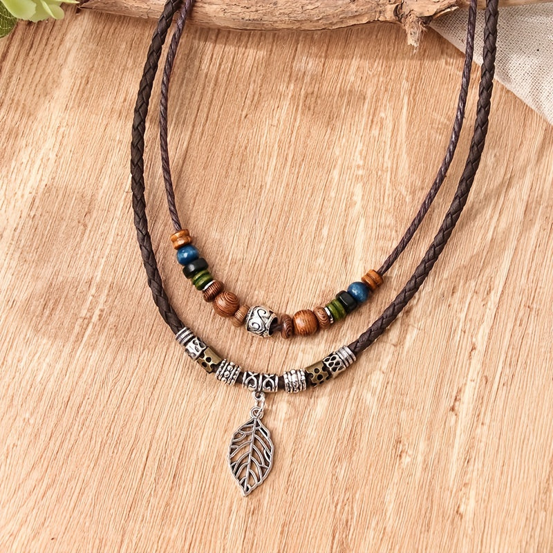 Women's PU Leaf Wooden Bead Necklace Party Ornament Jewelry Gift