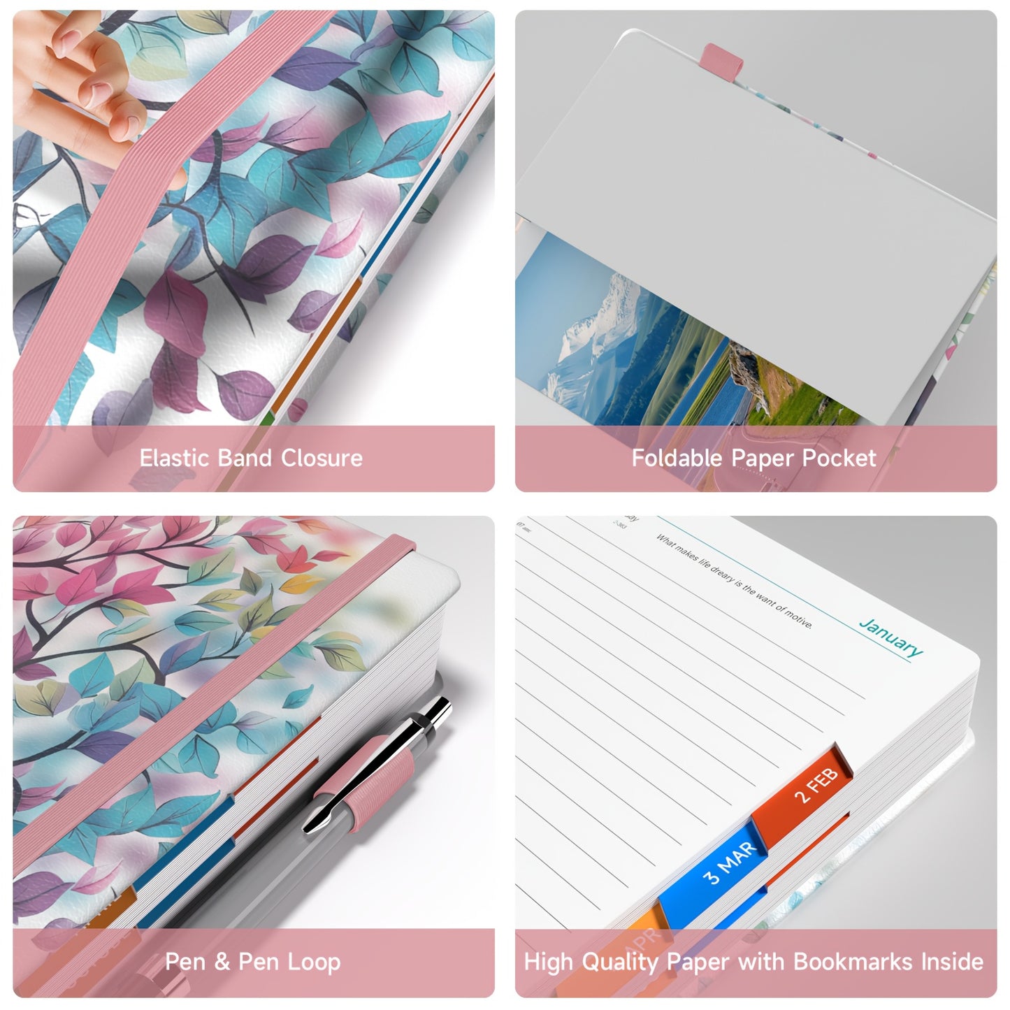 1pc Dzhzal Elegant Floral - Planner with Monthly View, Daily Organizer, Banded Elastic Closure, Pen Loop, Inner Pocket - Compact A5 Notebook (14.48x21.08cm) for Professionals, Students, Personal & Office Use - Perfect Gift Id