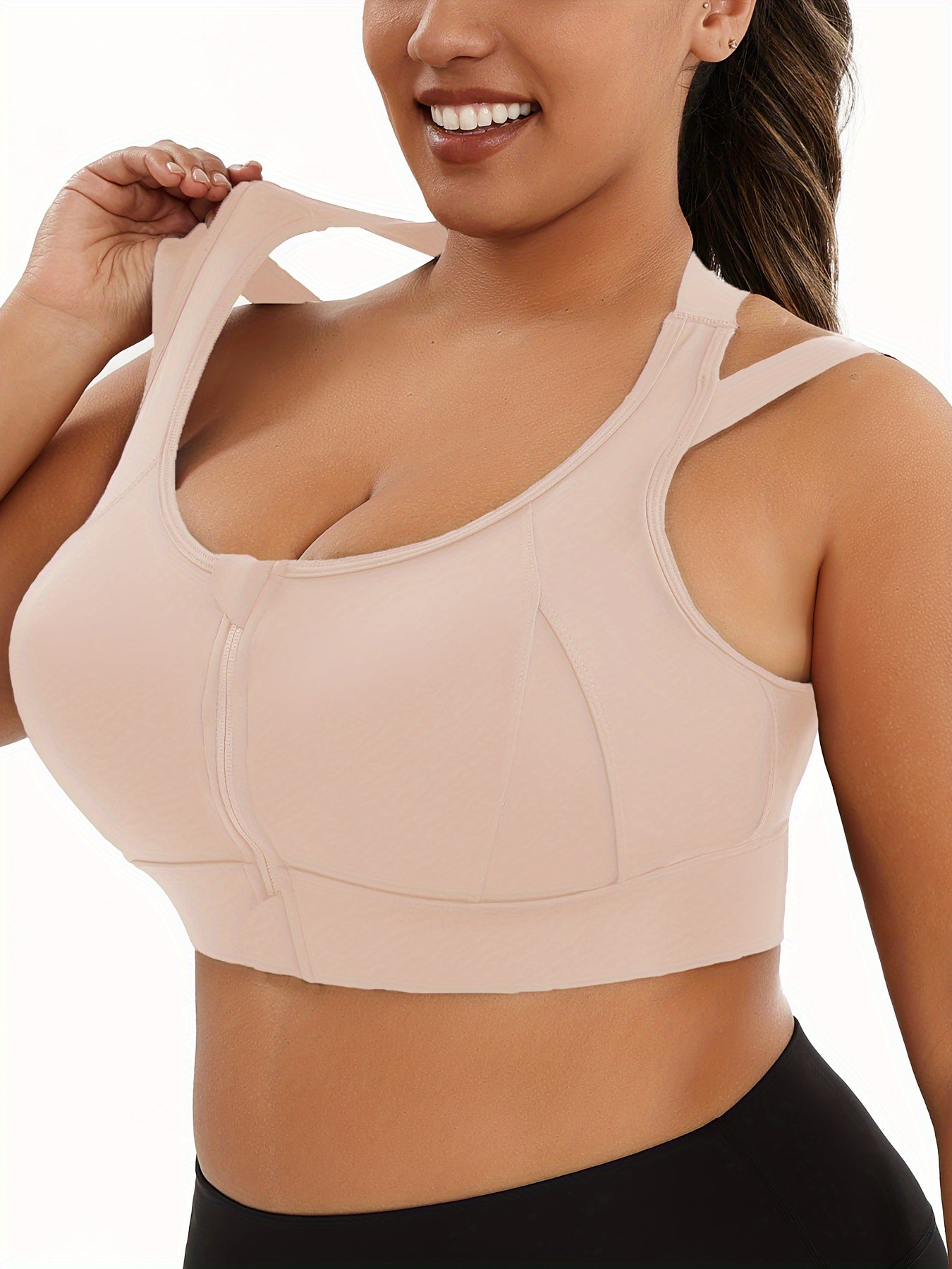 Women's Plus Size Sports Bra, Front Zip Closure, High Support Fitness Active Wear, Breathable Comfortable Lingerie, For Basketball Yoga Sports, Simple Look