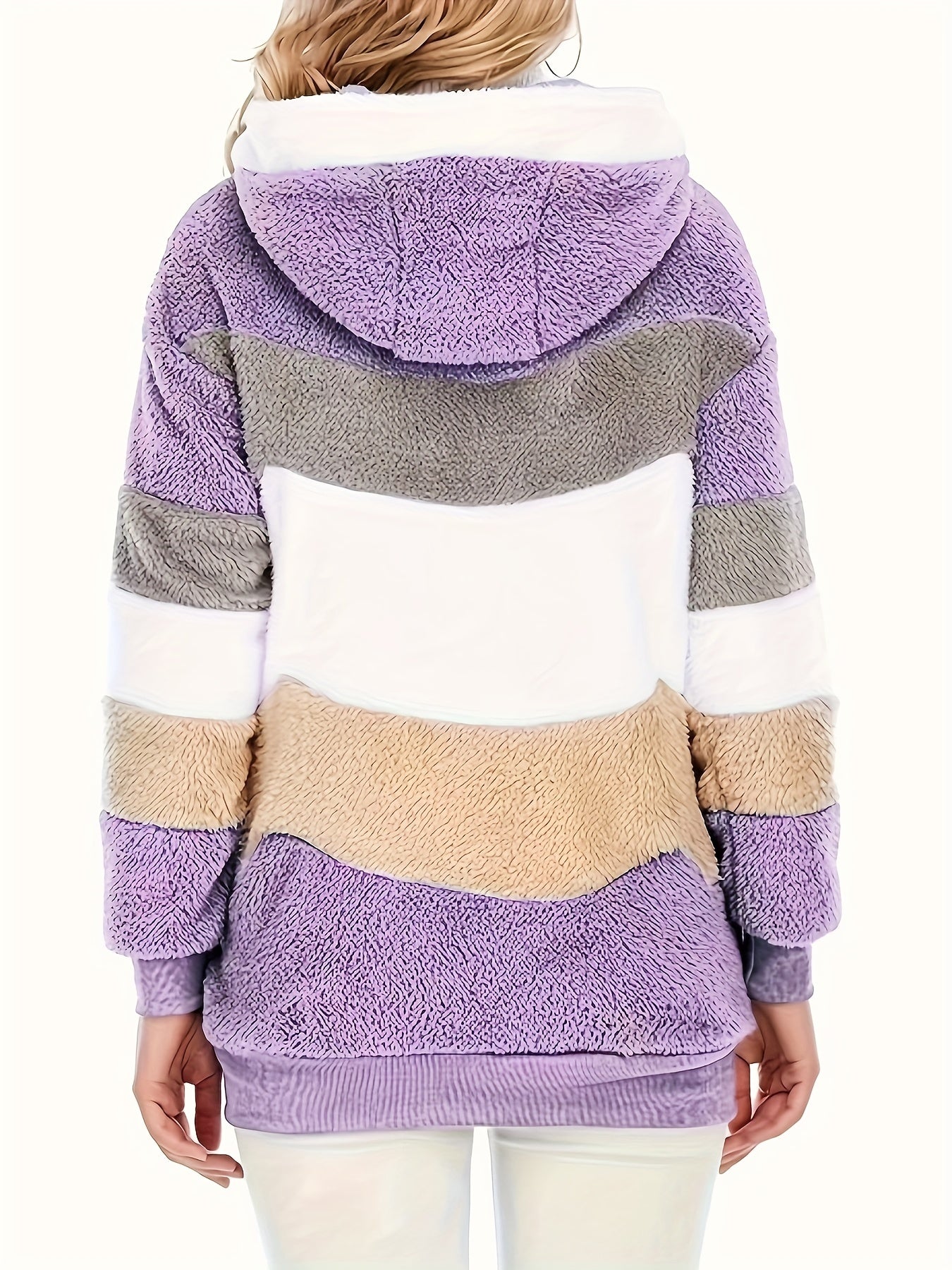 Women's Plush Faux Fur Hooded Jacket - Loose Fit Color Block Coat with Blue/Beige/White/Black Design, Long Sleeve Winter Warmth, Machine Washable for Casual & Formal Outfits, Ladies Winter Coats, Autumn Layering Piece, Formal