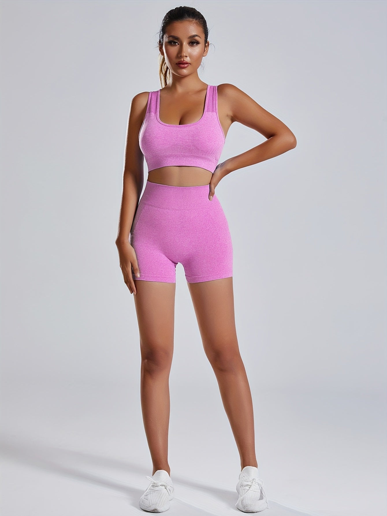 Women'S Seamless Sports Yoga Set, Summer New High Stretch Knit Fabric, Solid Color Polyamide 90% Elastane 10%, Short Length Fitness Gym Wear with Backless Bra and Butt Lifting Yoga Pants