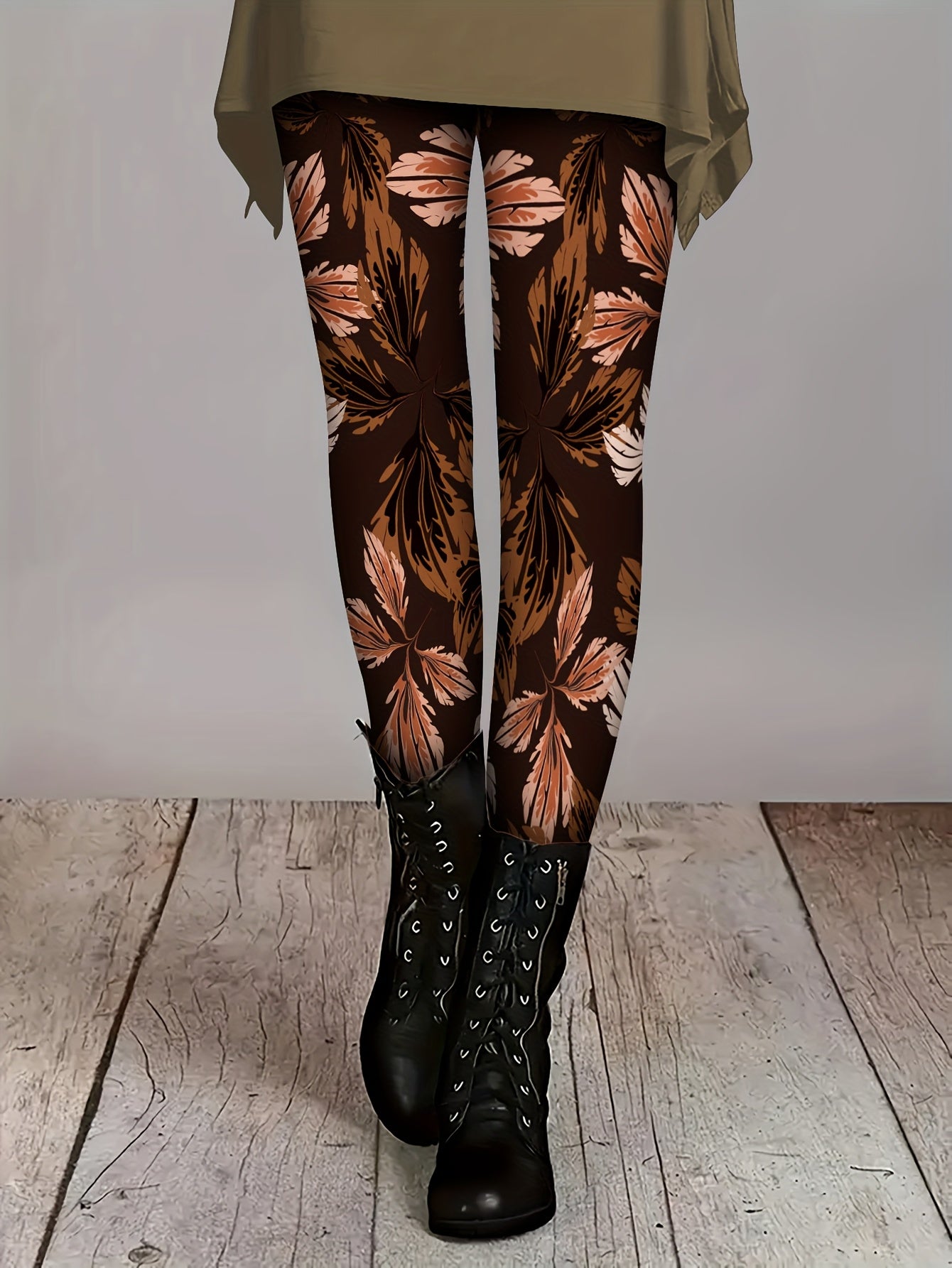 Women's High-Waisted Pants - Non-Slip Elastic Waist Leggings, Brown/Black Tropical Leaf Print, Medium-Stretch Non-See-Through Fabric for,, Casual & Formal Outfits - All-Season Trousers, Leggings, Formal Attire Leggings, Durab