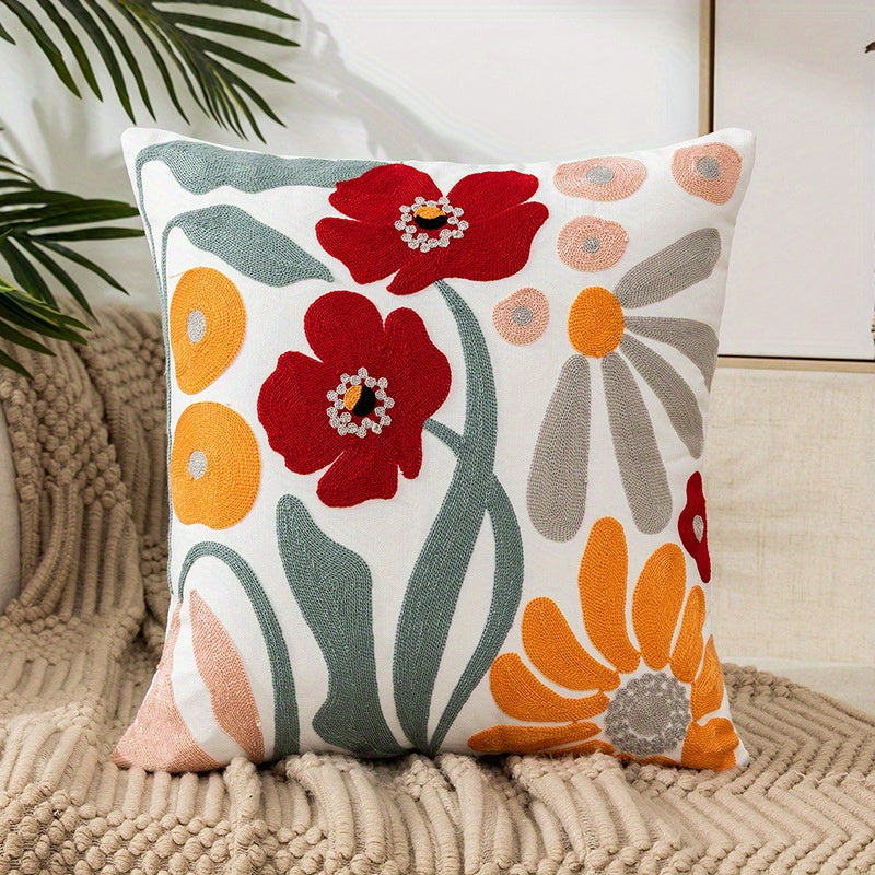 1pc Boho Floral Embroidered Pillow Case - Soft and Stylish Living Room Decor for Couch, Bed, and Sofa - 17.7 x 17.7 Inches