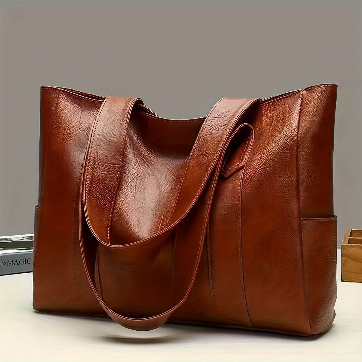 1pc Elegant Women's Shoulder Tote Bag - Large Capacity Durable PU with Zipper Closure, Double Handles & Polyester Lining, Deep Brown/Black - Perfect for Work,, Travel - Ideal Gift for Students & Professionals, Work Handbag, S