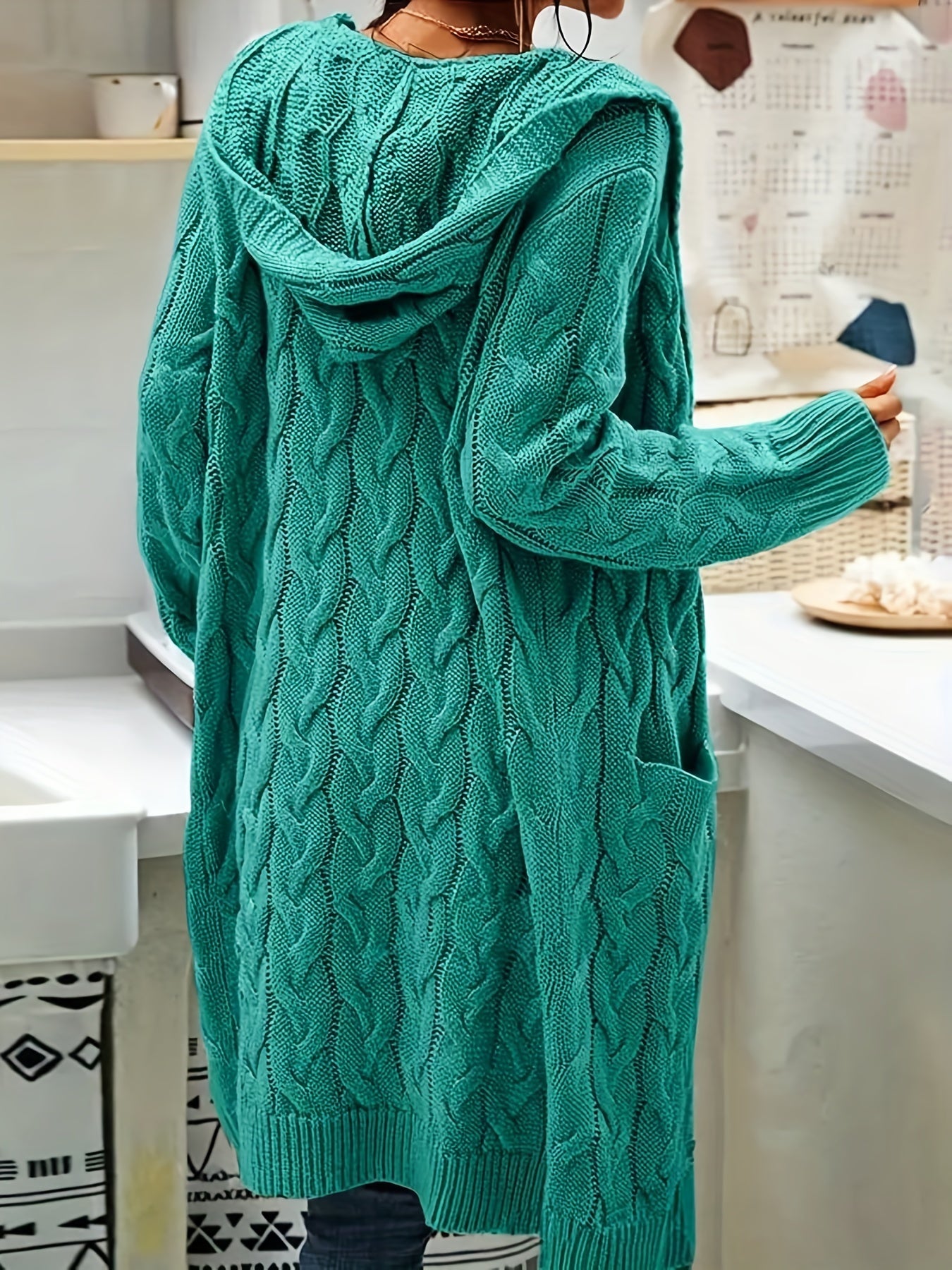 Women's Mid-Length Hooded Cardigan - Soft Stretchy Solid Color Long Sleeve Open Front Sweater with Pockets, Machine Washable Casual Elegance for Fall Winter, Everyday Comfort Wear, Stylish Hooded Design, Comfortable Fit