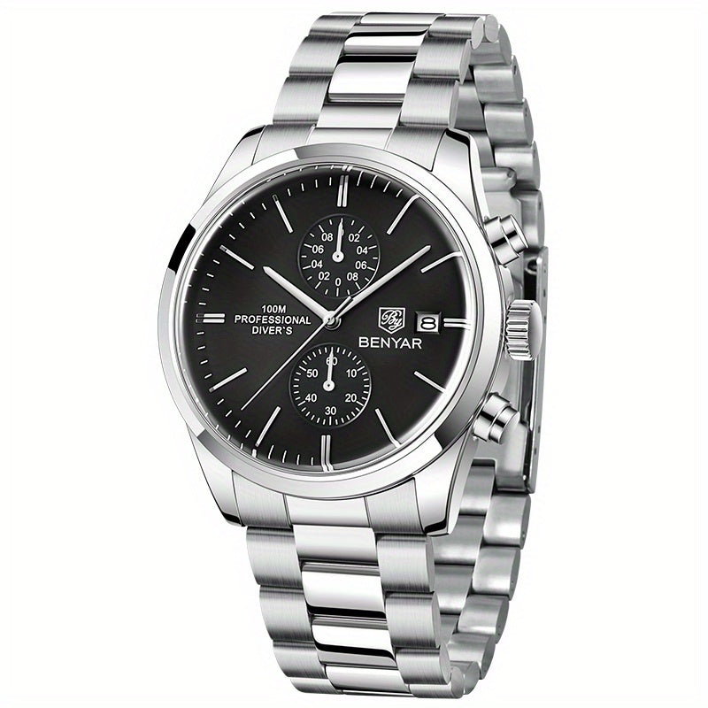 1pc New BENYAR Men's PU Leather Quartz Wristwatch, Men's 100M Multifunctional Watch Military Sports Chronograph Watch For Men