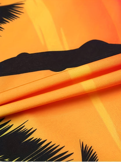 Quick Drying Comfortable Breathable Gradient Palm Tree At Dawn Seaside Drawstring Swim Trunks, Men's Board Shorts Swimwear For Summer Vacation Resort Beach Pool
