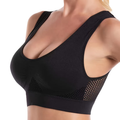 Solid Color Breathable Sports Bra, Round Neck High Stretch Hollow Out Fitness Top, Women's Activewear