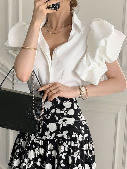 Solid Puff Sleeve Blouse, Elegant Lapel Collar Short Sleeve Blouse, Women's Clothing