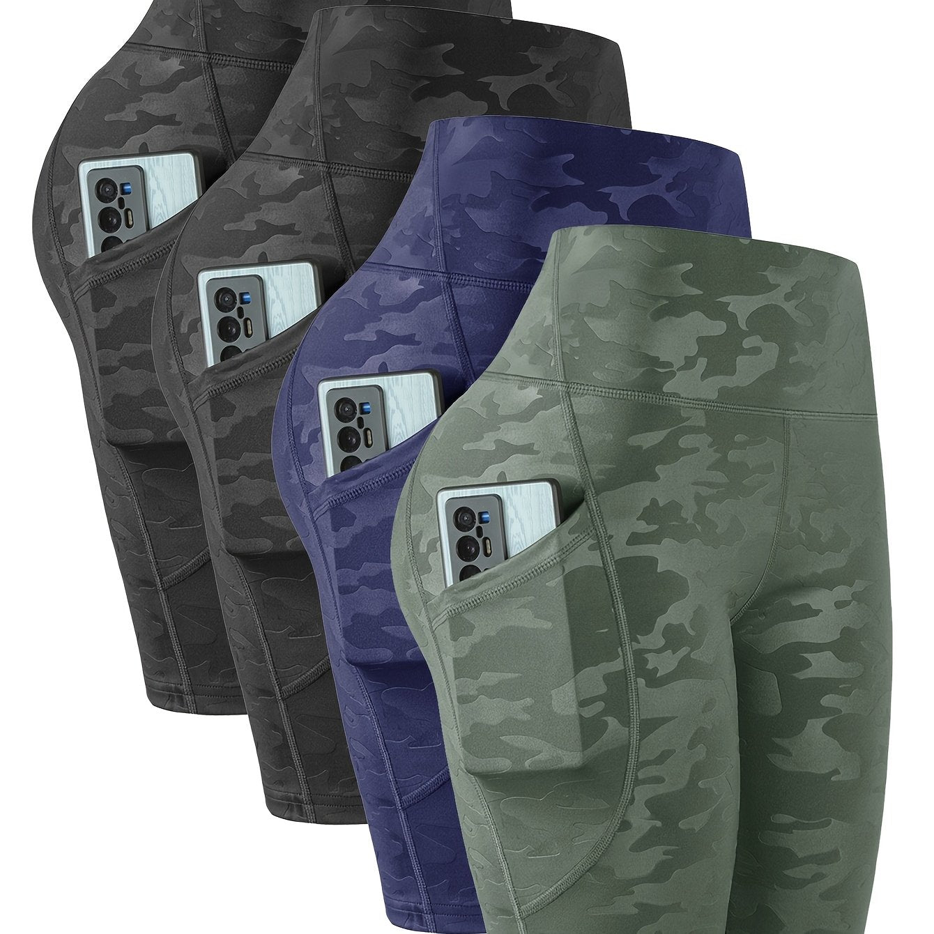 4pcs Women'S High-Waist Camouflage Print Leggings - Stretchy, Breathable Activewear with Pockets for Running, Fitness, Yoga - Spring/Summer/Fall Outdoor Pants, High Waisted Legging