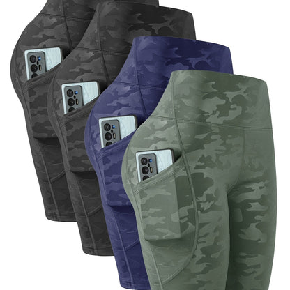 4pcs Women'S High-Waist Camouflage Print Leggings - Stretchy, Breathable Activewear with Pockets for Running, Fitness, Yoga - Spring/Summer/Fall Outdoor Pants, High Waisted Legging