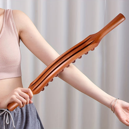 1pc 20-Bead Massage Stick with Wooden Handle - Muscle Shaping & Deep Tissue for Back, Neck, Abdomen, Hands, Legs, Waist - Post-Workout Relaxation Tool for Men & Women, Fascial Knife Stick, Body Massager, Ergonomic Design, Nat