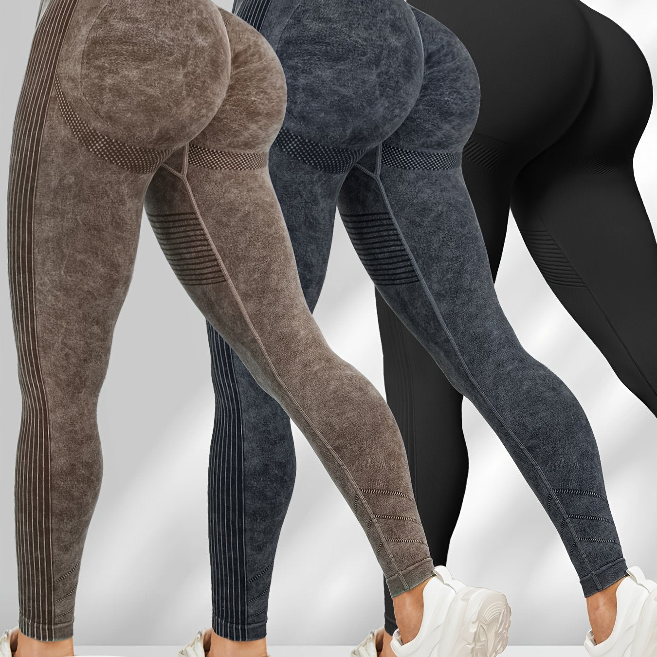 Women'S 3pcs High-Waisted Yoga Pants with Textured Surface, Stretchy & Comfortable - Beige, Black, Gray - Perfect for Fitness, Workouts & All-Season Wear, Workout Leggings | Minimalist Design | Stretchy Fabric