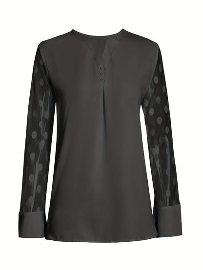 Solid Button Front Blouse, Elegant Long Sleeve Notched Neck Top, Women's Clothing