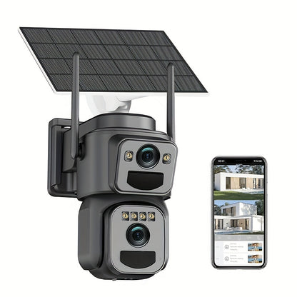 Multifunctional Security Camera with Solar Panel 2K 300W Pixel Video Resolution Wireless Outdoor WiFi Security Monitoring High-definition Dual Lens Automatic Rotation Pan Tilt Night Vision Motion Detection Bidirectional Call