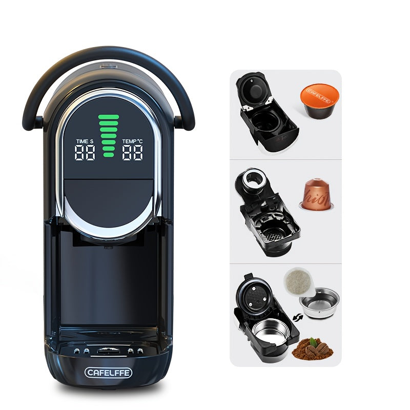 Cafeteira de cápsulas CAFELFFE 4 em 1, máquina de café automática com extração quente e fria, painel LCD visual, ajuste de água em 7 níveis. Compatível com cápsulas DG/Nes Original/café moído/ese, 19 bar. Ideal para casa/escritório.