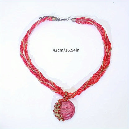 A Vintage Peacock Gemstone Necklace with a Bohemian Style, Made by Hand, Suitable for Women, Perfect for Sweaters.