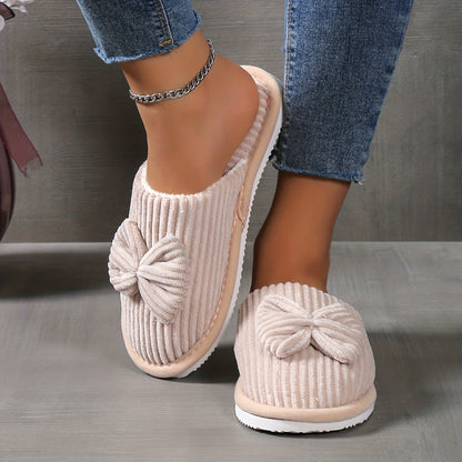Cute Bowknot Soft Sole Fuzzy Slippers, Winter Cozy & Warm Slip On Plush Shoes, Comfy Closed Toe Home Slippers