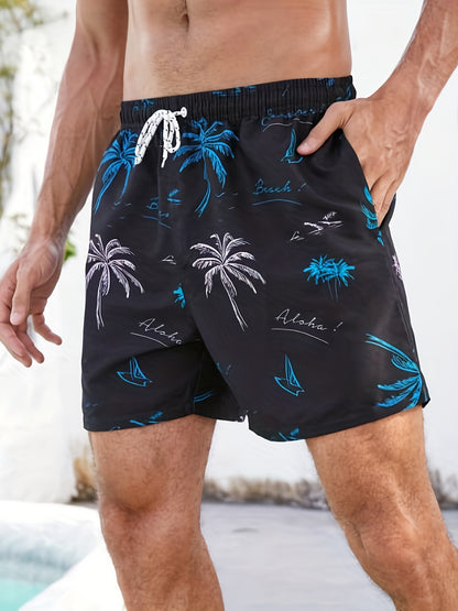 Men's Quick Dry Hawaiian Board Shorts With Pockets, Casual Coconut Tree Graphic Drawstring Swim Trunks For Summer Vacation Beach Pool Outdoor