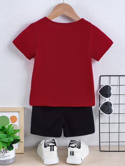 2pcs Set of Boys' Summer Striped Print Round Neck Short Sleeve T-shirt and Casual Shorts