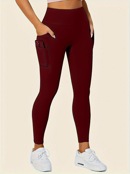 Women'S High-Waisted Shaping Leggings with Double Pockets - Butt-Lifting Design, Maroon Solid Color, Comfortable Stretch Fabric for, & Casual Wear, Leggings, Apparel, Sleek Look, Durable