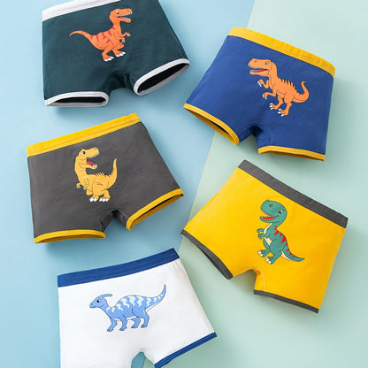 Conjunto de 5 Cuecas Boxer para Criança para Menino, 95% Algodão, Macias e Respiráveis, com Estampado Dinossauro, Tamanhos até aos 12 Anos.
