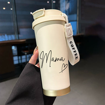 1pc 530ml Insulated Coffee Cup with Straw & Straw Holder - Skull & Heart Design, Leakproof Travel Mug, Detachable Strap, Hot/Cold Thermos for Home, Office, Gifts - Name/Text, Durable Portable Cup for Hot & Cold Drinks