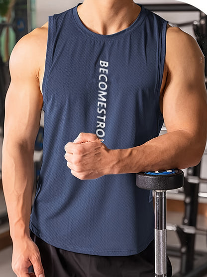 Letter Print Comfy Breathable Tank Top, Men's Casual Stretch Sleeveless T-shirt For Summer Gym Workout Training Basketball