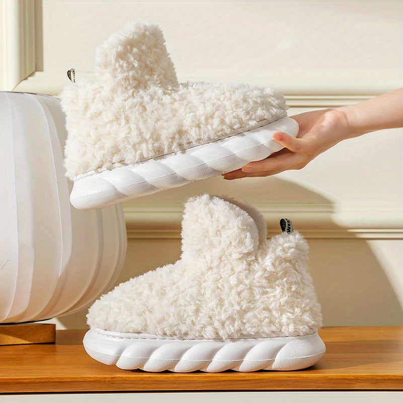 Women's Solid Color Fuzzy Slippers, High-top Round Toe Non-slip Thick Bottom Fluffy Warm Shoes, Winter Cozy Indoor Shoes