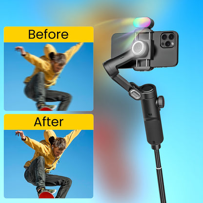 Estabilizador de telemóvel AOCHUAN de 3 eixos com IA 7.0 para estabilização, seguimento de rosto/objeto por IA, zoom e focagem, ideal para gravação de vídeos com smartphone. Capacidade de carga de 250g.