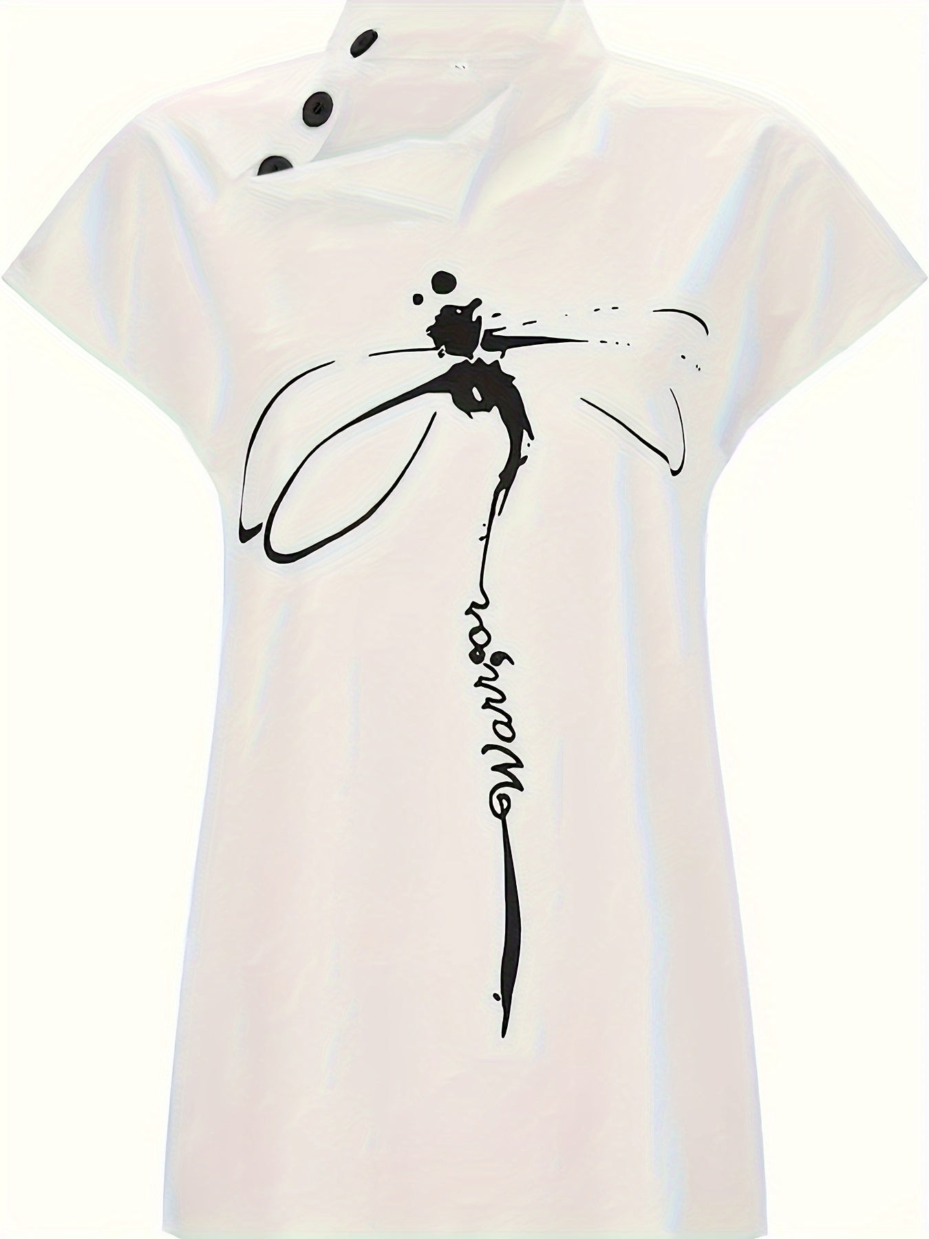 Dragonfly Print Skew Button Blouse, Elegant Short Sleeve Top For Spring & Summer, Women's Clothing