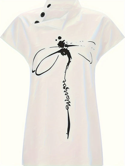 Dragonfly Print Skew Button Blouse, Elegant Short Sleeve Top For Spring & Summer, Women's Clothing