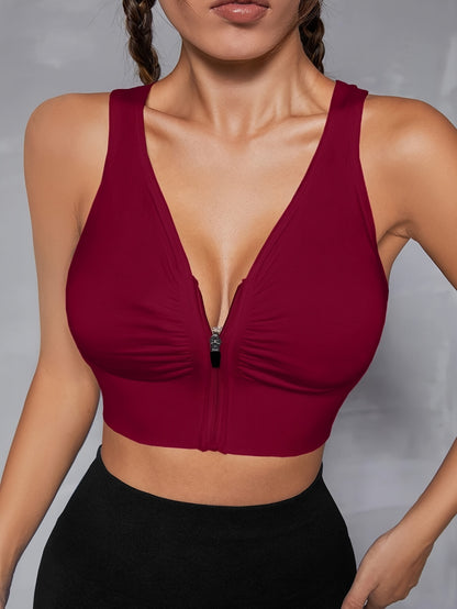 Women's Seamless Sports Bra With Zipper Front, Wide Shoulder Straps, Padded, Wire-Free, Comfort Fit, Racerback, Gym Fitness Yoga Bra Top
