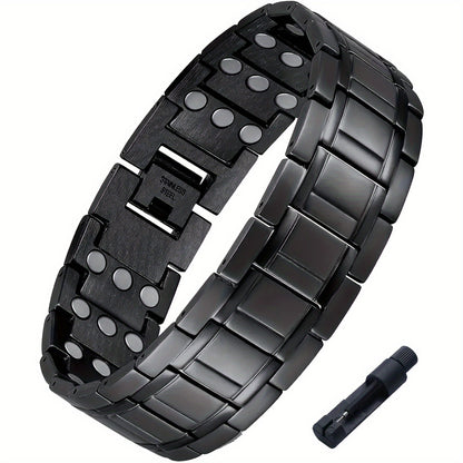 1pc Men's Titanium Steel Magnetic Bracelet with 3500 Gauss Magnets – Black Textured Design, Stylish Father's Day Gift for Men, Wellness Accessory | Sophisticated Style | Durable Jewelry, Magnetic Jewelry