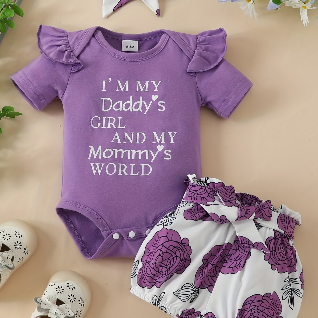 3pcs Short Sleeve & Shorts Set for Newborns - "I'm Daddy's Girl" Letter Print Pants and Headband, Mommy's World Alphabet Kids' Outfit, Perfect for Outdoor