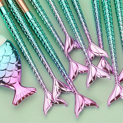 11pcs Mermaid Makeup Brush Set - Fish Tail Design, Nylon Bristles for All Skin Types, Fragrance-Free Beauty Tools