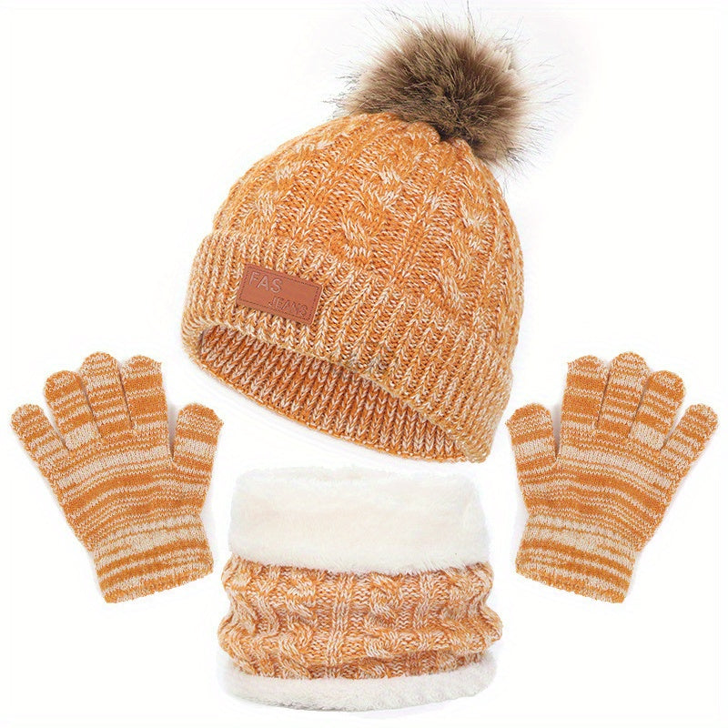 Conjunto de 3 peças para o inverno infantil: cachecol de veludo quente, gorro e luvas de malha para bebé dos 2 aos 8 anos.