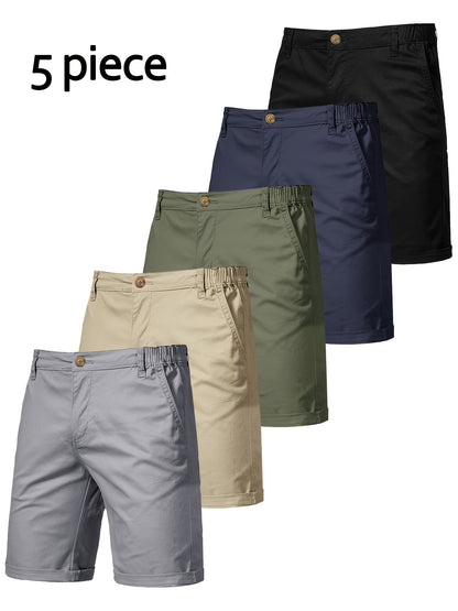 5pcs Men's Formal & Casual Shorts - Multi-Color Business, Streetwear, Beach Pants - Zipper Closure & Belt Loop - Non-Stretch Fabric for Office, Travel, Gym, Vacation - Machine Washable - (Black/Gray/Beige/Olive Green/), Versa