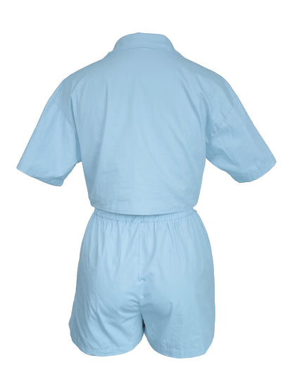 Solid Casual Two-piece Set, Short Sleeve Button Crop Top & Drawstring Waist Shorts Outfits, Women's Clothing
